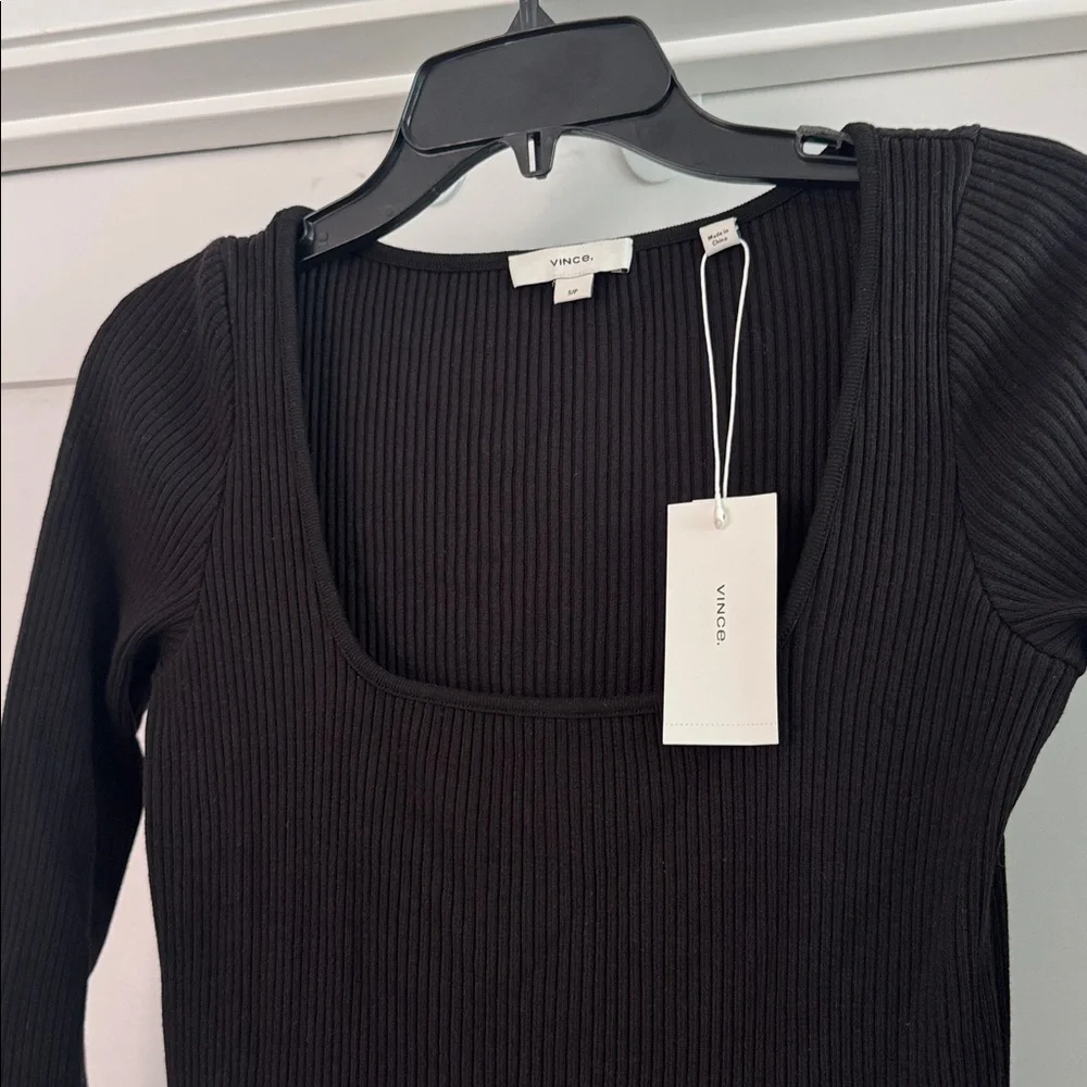 NWT Vince Square Neck Knit Dress Long Sleeve Black Ribbed Knit Mini Small $195 - Picture 6 of 7